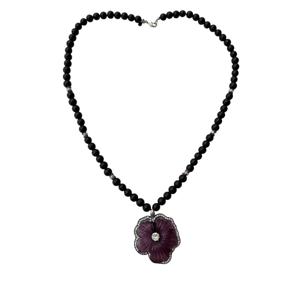 Kenneth Jay Lane vintage Floral Pendant Necklace Signed Black Beads purple - Picture 3 of 11